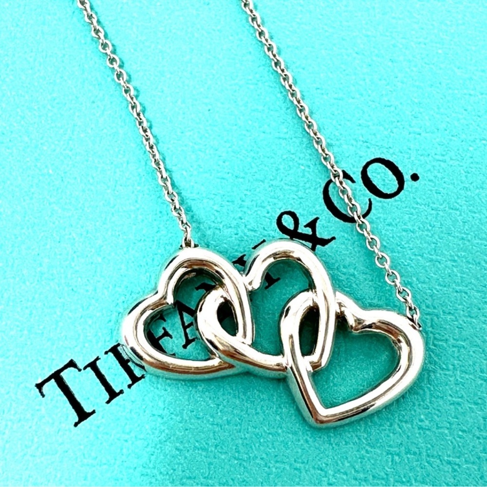Authentic Tiffany & Co. Elsa Peretti Silver Triple Link Open Heart Necklace